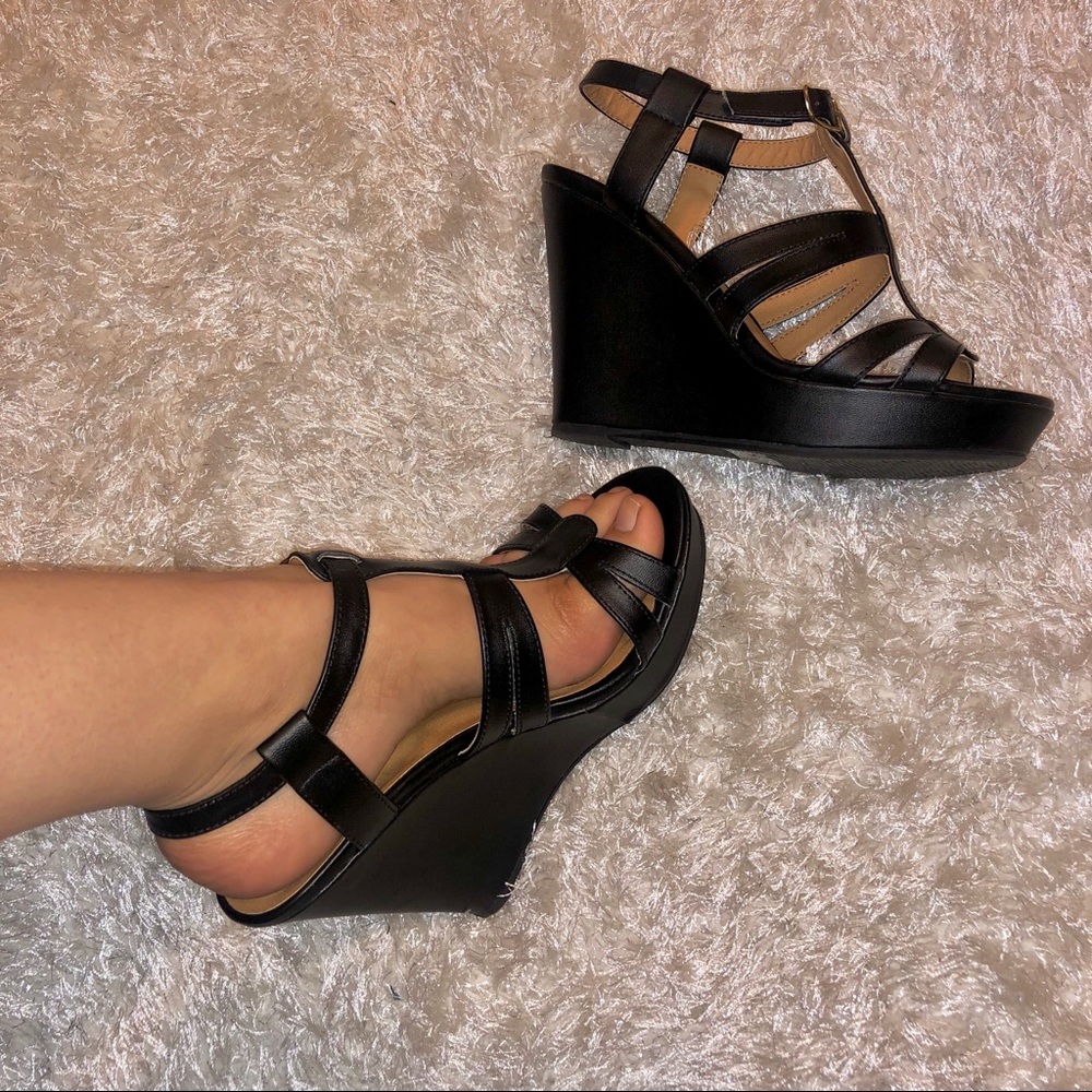 Black leather wedges